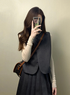 韩版气质通勤时尚套装女春秋季新款灰色西装马甲高腰半身裙两件套