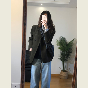 灰绿色复古显瘦休闲西装外套女春秋季韩系通勤风宽松百搭西服上衣