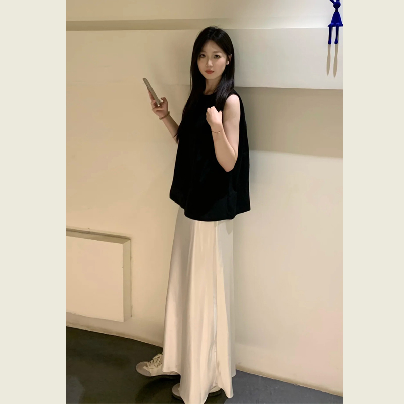 极简风气质时尚套装女夏季黑色圆领无袖背心上衣高腰半身裙两件套