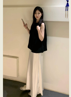 极简风气质时尚套装女夏季黑色圆领无袖背心上衣高腰半身裙两件套
