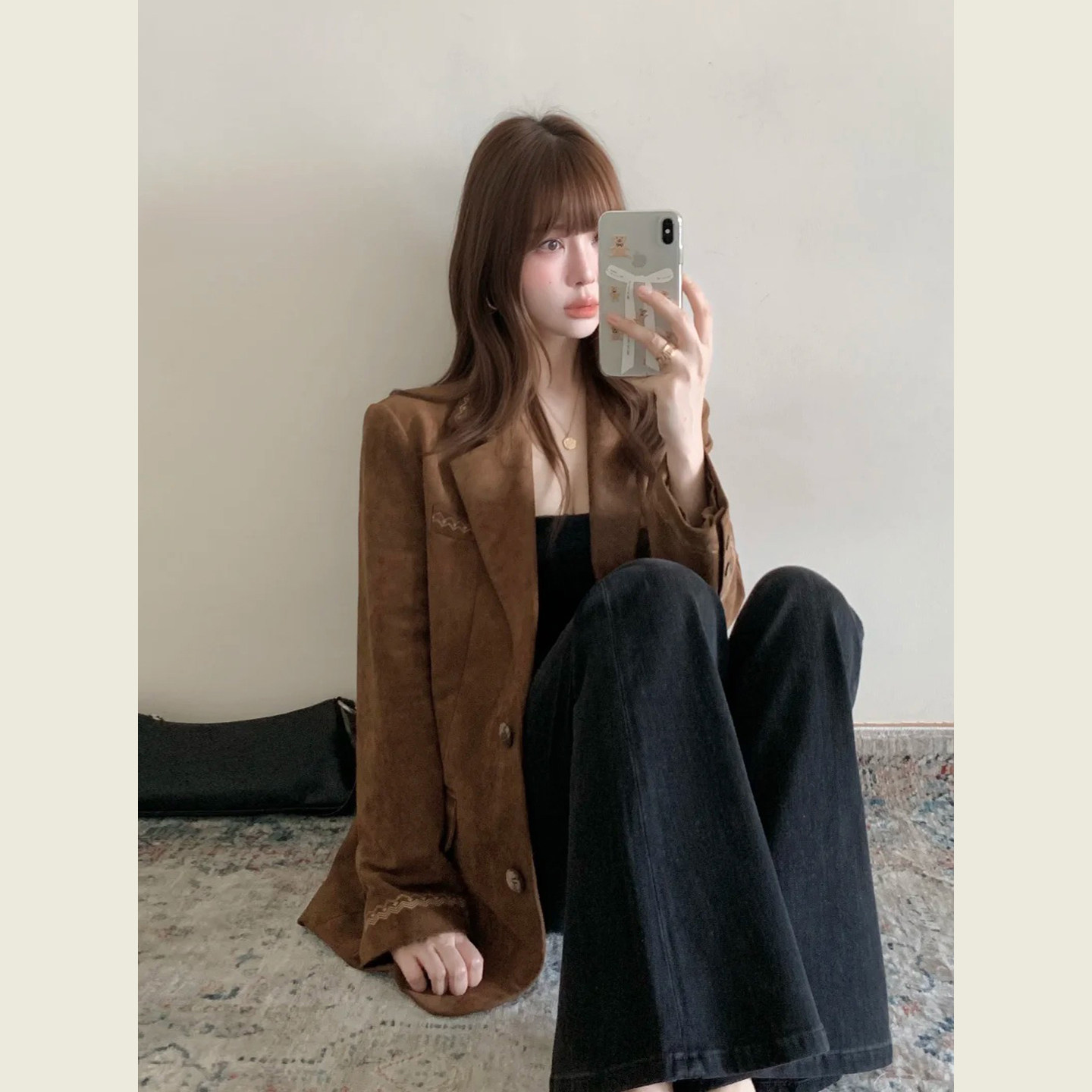 复古通勤风棕色廓形西装外套女春秋季新款韩系宽松显瘦休闲西服