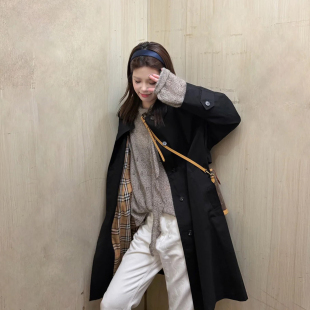 经典黑色翻领单排扣中长款风衣女春秋季极简通勤风休闲百搭外套