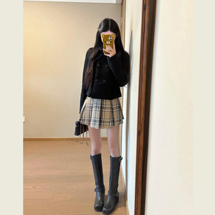 黑色英伦风双排扣短毛呢外套女冬季学院风小个子收腰显瘦呢子上衣