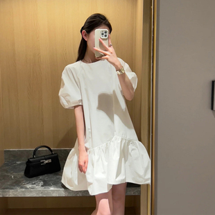 小个子白色花苞泡泡袖 高级感气质宽松百搭短裙 连衣裙女夏季 法式