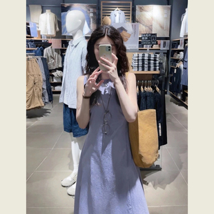 法式温柔风紫色一字领吊带连衣裙女夏季气质修身显瘦A字无袖长裙