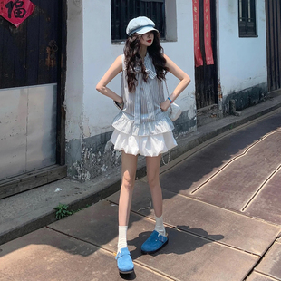 韩系小个子甜美套装 花苞半身短裙两件套 女夏季 蝴蝶结立领条纹衬衫