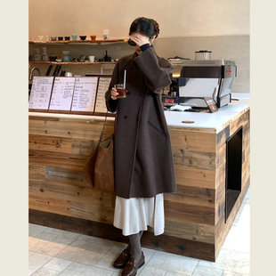 复古咖色立领双排扣毛呢外套女秋冬季韩系小个子中长款呢子大衣