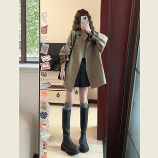 格纹袖口拼接中长款风衣外套女春秋季韩系英伦风宽松休闲百搭大衣