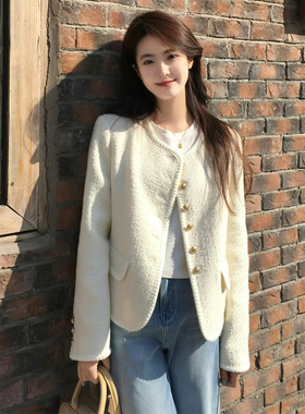 法式气质白色百搭小香风短款外套女春秋新款高级感名媛粗花呢上衣