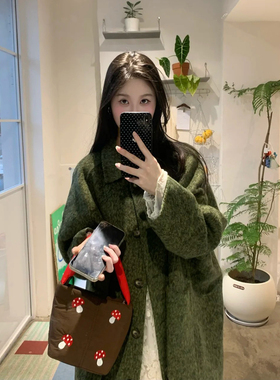 森系复古绿色单排扣呢子大衣女秋冬季韩版宽松阔版中长款毛呢外套
