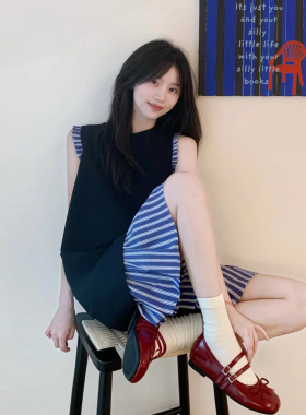 黑色拼接条纹假两件无袖连衣裙女夏季新款通勤宽松显瘦休闲背心裙