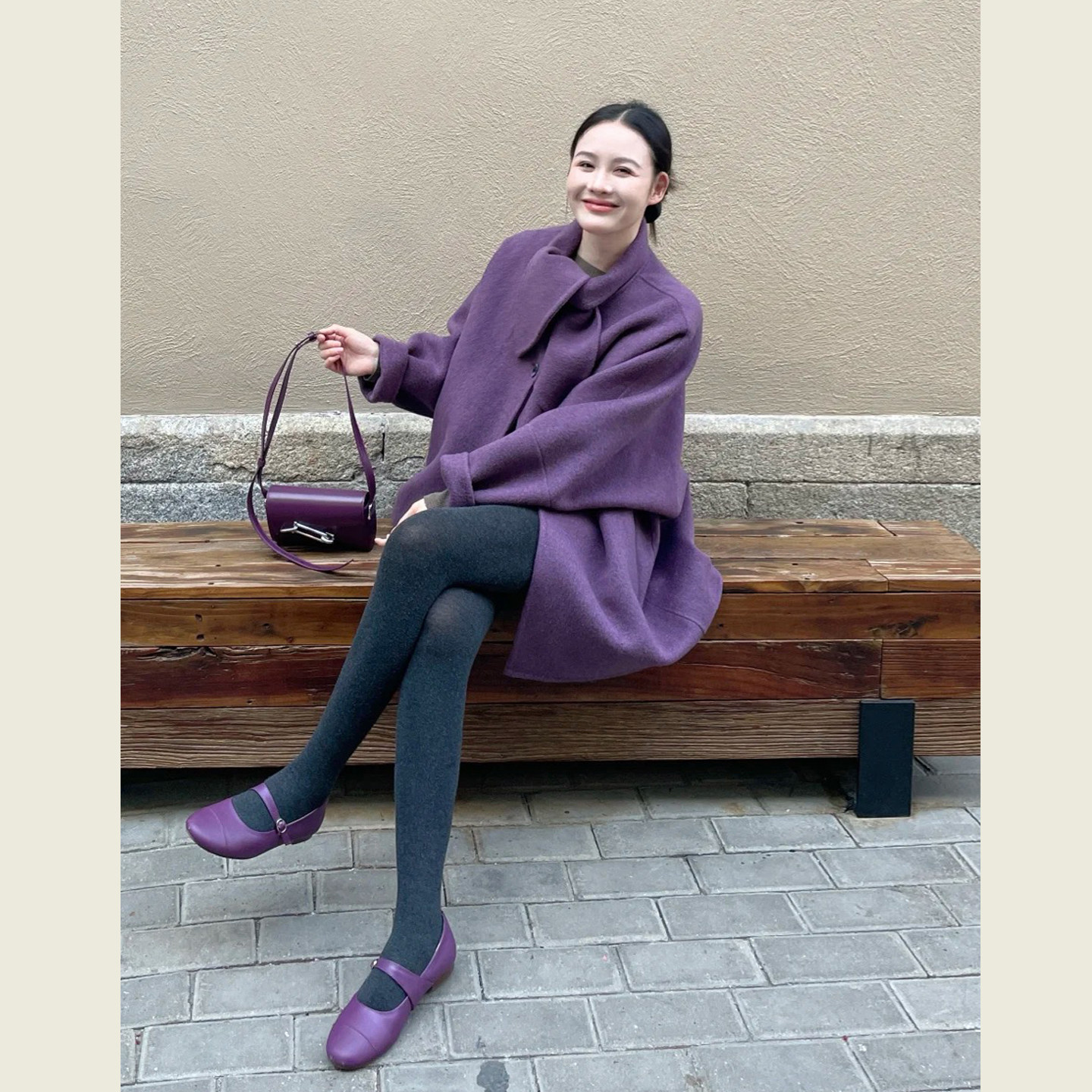 法式温柔风紫色兔耳朵领毛呢外套