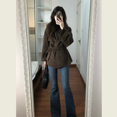 韩系复古咖色立领呢子大衣女秋冬季 小个子牛角扣腰带短款 毛呢外套