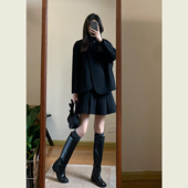 韩系赫本风黑色毛呢套装 女冬季 斜门襟立领外套百褶半身裙两件套