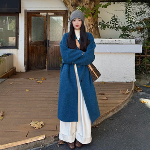 韩系复古高级感蓝色毛呢外套女秋冬季新款宽松显瘦中长款呢子大衣