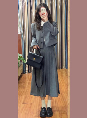 学院风灰色毛呢套装裙女秋冬季高级感显瘦短外套高腰半身裙两件套