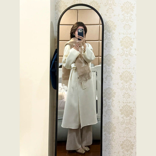 温柔风奶白色翻领系带呢子大衣女秋冬韩系通勤风中长款毛呢外套