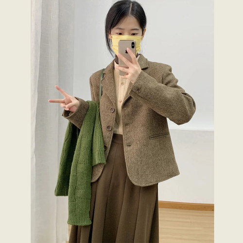 韩系复古棕色西装毛呢外套