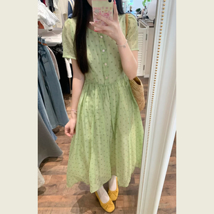 甜美风苹果绿波点短袖连衣裙女夏季海边度假风收腰显瘦波点长裙