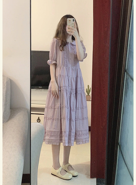 温柔风收腰显瘦紫色花边连衣裙女夏法式泡泡袖娃娃领桔梗裙茶歇裙