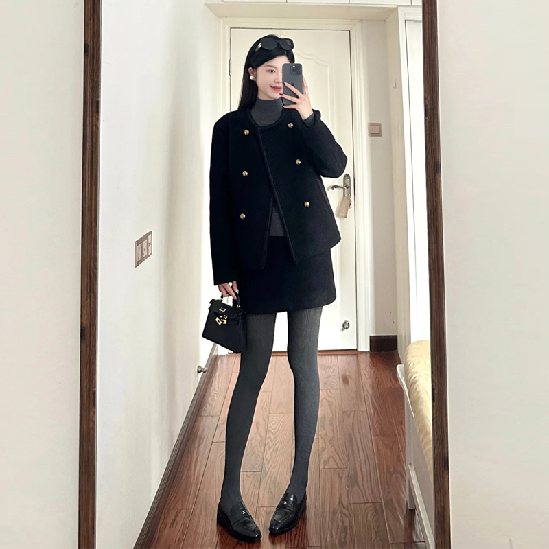 法式名媛千金风毛呢套装女秋冬季黑色小香风外套高腰半身裙两件套