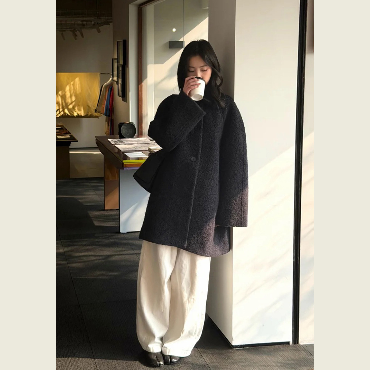 小个子深藏青色单排扣毛呢大衣女秋冬韩版宽松休闲中长款呢子外套
