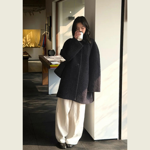 小个子深藏青色单排扣毛呢大衣女秋冬韩版宽松休闲中长款呢子外套