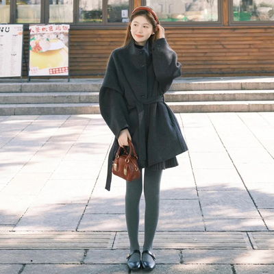 韩系高级感复古灰色立领毛呢外套