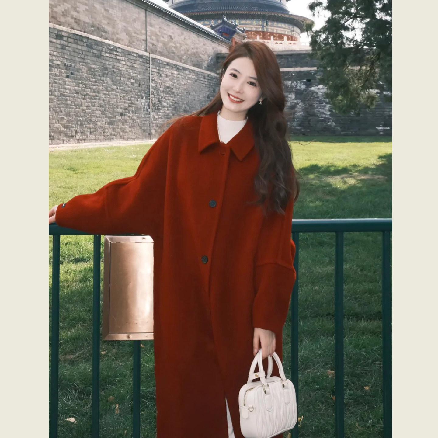 圣诞新年红色翻领呢子大衣女秋冬季韩系高级感气质中长款毛呢外套