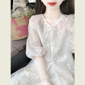 清冷高级感国风刺绣盘扣上衣碎花半身裙子两件套 女夏季 新中式 套装