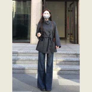 韩系赫本风灰色立领呢子大衣女秋冬季小个子系带收腰显瘦毛呢外套