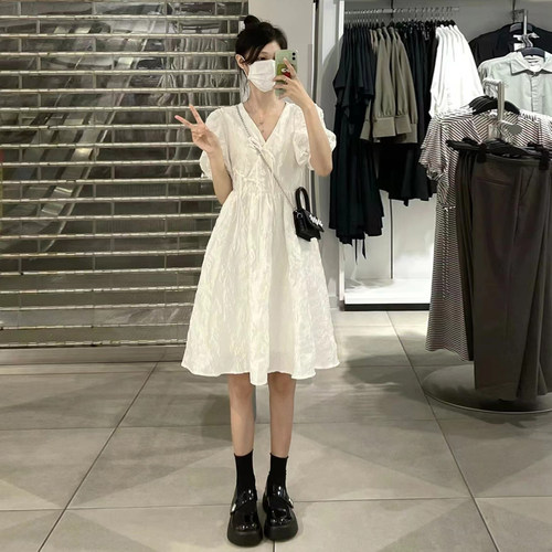 芷澈服饰白色收腰显瘦连衣裙女