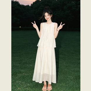 度假风休闲时尚套装女夏季杏色圆领无袖背心上衣高腰半身裙两件套