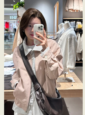 粉灰色假两件撞色条纹减龄上衣女春秋小个子百搭休闲廓形夹克外套