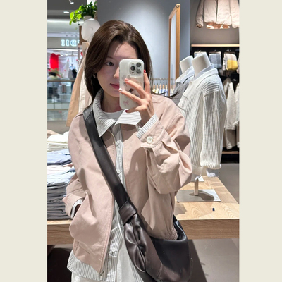 粉灰色假两件撞色条纹减龄上衣