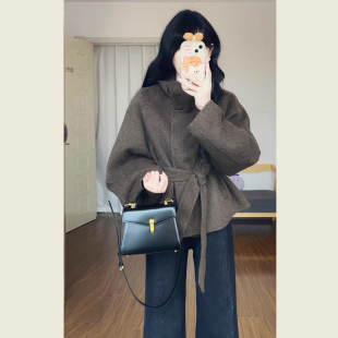 通勤风棕色立领系带毛呢外套女秋冬季 呢子大衣 小个子气质显瘦短款