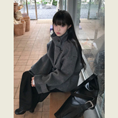韩系灰色系带显瘦呢子大衣女秋冬季 毛呢外套 小个子廓形立领短款
