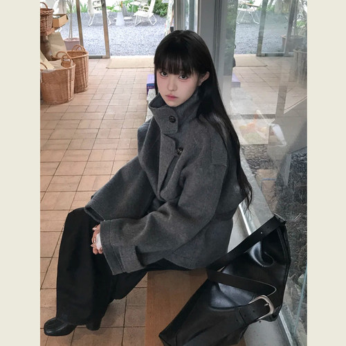 韩系灰色系带显瘦呢子大衣