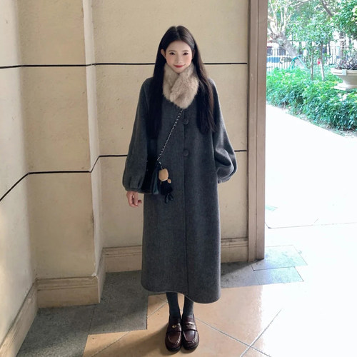 韩系赫本风灰色灯笼袖毛呢外套