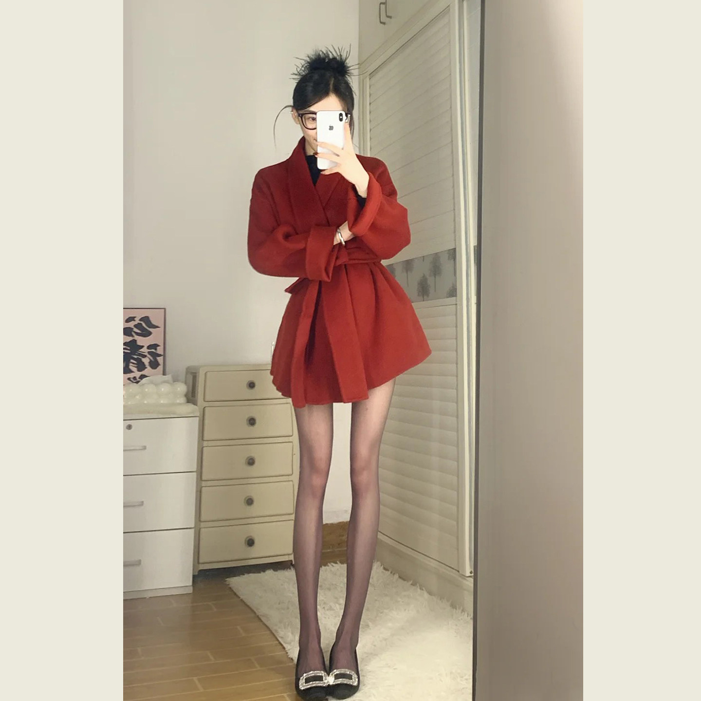 红色结婚订婚敬酒服浴袍款式毛呢外套女秋冬小个子中长款呢子大衣