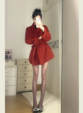 红色结婚敬酒服浴袍款式毛呢外套