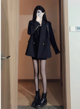 高级感春秋季小个子百搭复古宽松显瘦西装外套女休闲气质黑色西服