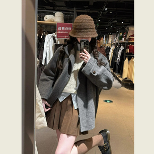 小个子灰色休闲宽松短款呢大衣女秋冬季韩系简约立领廓形毛呢外套