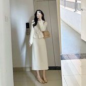 名媛风短款 白色轻熟风通勤毛呢套装 女秋冬季 外套高腰半身裙两件套