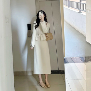 外套高腰半身裙两件套 名媛风短款 白色轻熟风通勤毛呢套装 女秋冬季