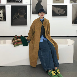 复古秋叶黄灯笼袖毛呢外套女秋冬季慵懒风宽松显瘦中长款呢子大衣