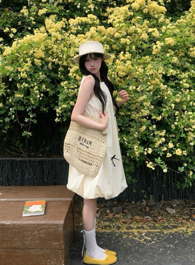 韩系减龄蝴蝶结黄色连衣裙女夏季小个子甜美风无袖背心花苞短裙