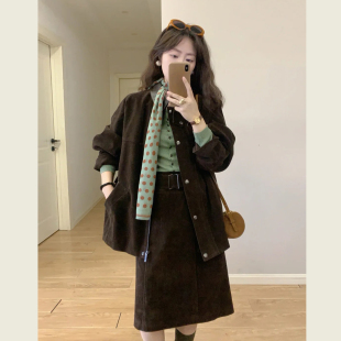 复古巴恩风红棕色夹克套装 宽松休闲外套高腰半身裙两件套 女秋冬季