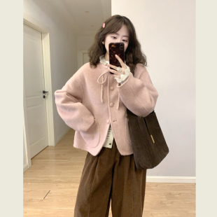 粉色蝴蝶结系带减龄呢子外套女秋冬季 毛呢大衣 小个子单排扣短款