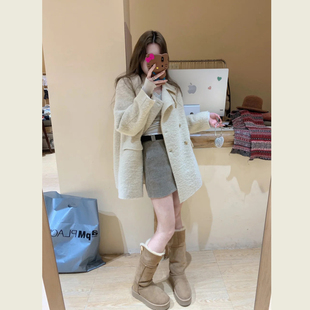 极简风白色翻领中长款 小个子减龄单排扣呢子大衣 毛呢外套女秋冬季